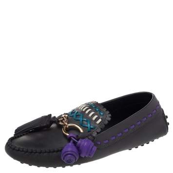 Pre Owned Tod's Grey Leather Tassel Charm Cross Stitch Detail Loafers Size 38.5