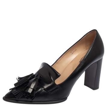 Pre Owned Tod's Black Leather Tassel Block Heel Loafer Pumps Size 40.5