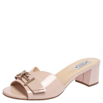 Pre Owned Tod's Pink Patent Leather Double T Crystal Embellished Slide Sandals Size 41