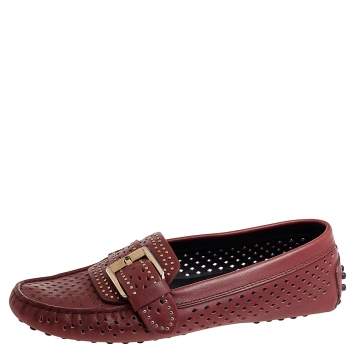 Pre Owned Tod's Burgundy Leather Studded Cut Out Buckle Detail Loafers Size 36.5