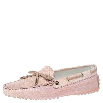 Pre Owned Tod's Pink Python Leather Bow Loafers Size 36