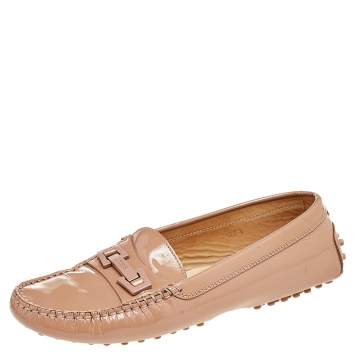 Pre Owned Tod's Beige Patent Leather Logo Bit Slip On Loafers Size 37.5