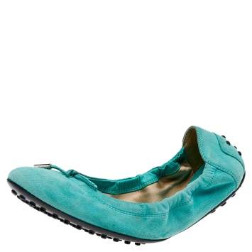 Pre Owned Tod's Mint Green Suede Bow Scrunch Ballet Flats Size 39