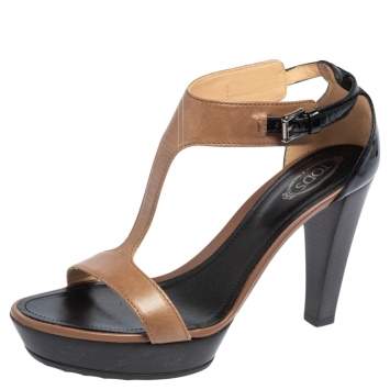 Pre Owned Tod's Brown/Black Patent and Leather T Strap Platform Sandals Size 39