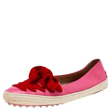 Pre Owned Tod's Pink/Red Suede And Leather Espadrille Flats Size 38.5
