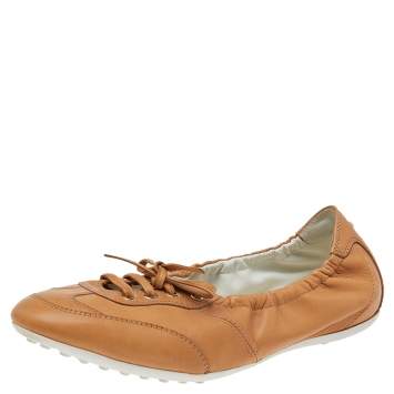 Pre Owned Tod's Brown Leather Scrunch Lace Up Flats Size 37.5