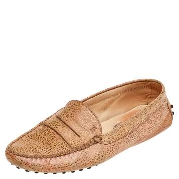 Pre Owned Tod's Beige/Metallic Pink Leather Penny Slip On Loafers Size 38