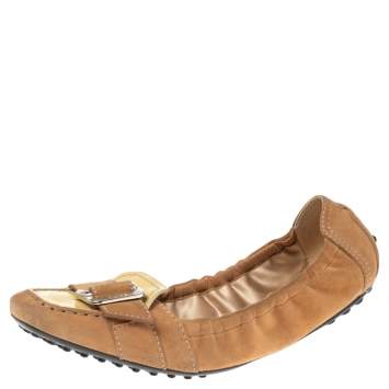 Pre Owned Tod's Tan/Yellow Patent Leather and Suede Scrunch Loafers Size 38.5