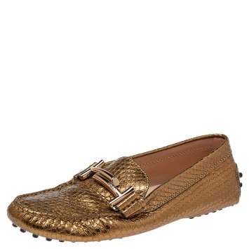 Pre Owned Tod's Metallic Gold Embossed Leather Slip on Loafers Size 36