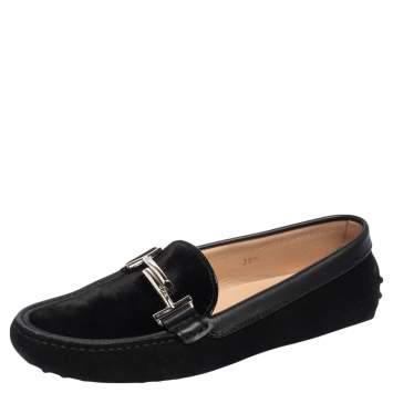 Pre Owned Tod's Black Suede and Velvet Double T Slip On Loafers Size 39.5