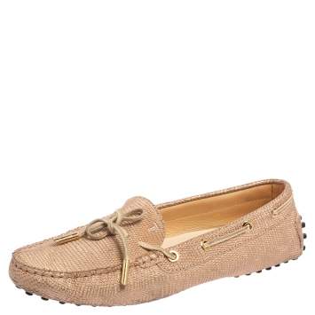 Pre Owned Tod's Rose Gold Lizard Embossed Leather Bow Loafers Size 38