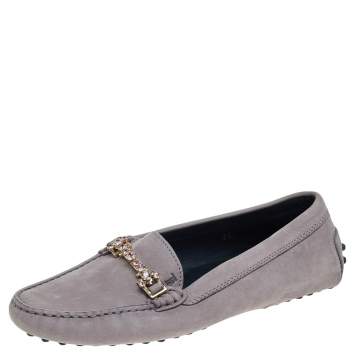 Pre Owned Tod's Grey Suede Embellished Slip On Loafers Size 36