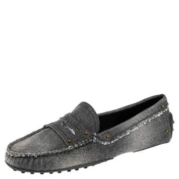 Pre Owned Tod's Grey Denim Gommini Penny Slip On Loafers Size 39
