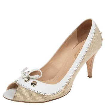 Pre Owned Tod's Beige/White Canvas And Leather Peep Toe Bow Pumps Size 36.5