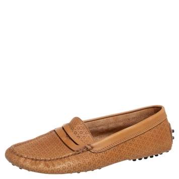 Pre Owned Tod's Tan Laser Cut Leather Penny Loafers Size 36.5