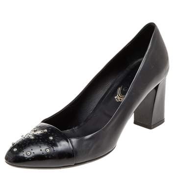 Pre Owned Tod's Black Leather Embellished Block Heel Pumps Size 38