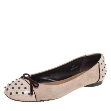 Pre Owned Tod's Beige/Brown Suede and Leather Studded Bow Cap Toe Ballet Flats Size 37