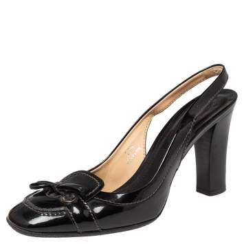 Pre Owned Tod's Black Patent Leather Bow Loafers Slingback Pumps Size 37.5