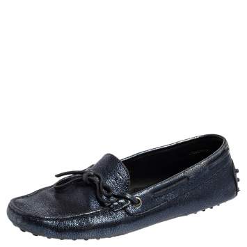 Pre Owned Tod's Metallic Blue Leather Gommino Slip On Loafers Size 38