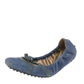 Pre Owned Tod's Blue Suede And Patent Leather Bow Scrunch Ballet Flats Size 37