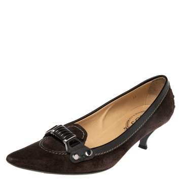 Pre Owned Tod's Brown Patent Leather and Suede Pointed Toe Penny Loafer Pumps Size 38