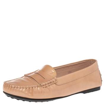 Pre Owned Tod's Beige Textured Patent Leather Penny Slip On Loafers Size 38.5