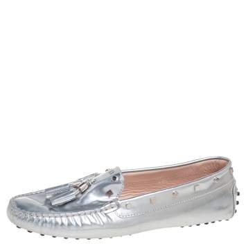 Pre Owned Tod's Silver Leather Studded Tassel Loafers Size 40.5