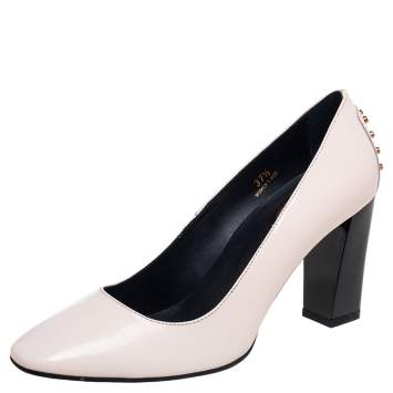 Pre Owned Tod's Cream Patent Leather Studded Block Heel Pumps Size 37.5