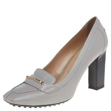 Pre Owned Tod's Grey Leather Block Heel Loafer Pumps Size 36.5 