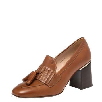 Pre Owned Tod's Brown Leather Tassel Block Heel Loafer Pumps Size 37