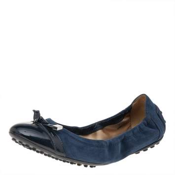 Pre Owned Tod's Navy Blue Suede And Patent Leather Trim Toe Cap Scrunch Ballet Flats Size 36.5