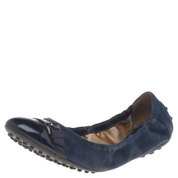 Pre Owned Tod's Blue/Black Suede And Patent Leather Cap Toe Scrunch Ballet Flats Size 38.5