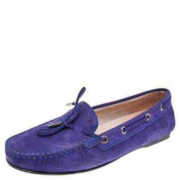 Pre Owned Tod's Blue Nubuck Leather Bow Slip On Loafers Size 37