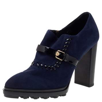 Pre Owned Tod's Blue Suede Buckle Block Heel Ankle Booties Size 37.5