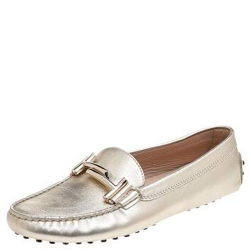 Pre Owned Tod's Metallic Gold Leather T-Buckle Slip On Loafers Size 37