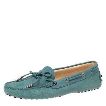 Pre Owned Tod's Green Nubuck Leather Bow Driving Loafers Size 39