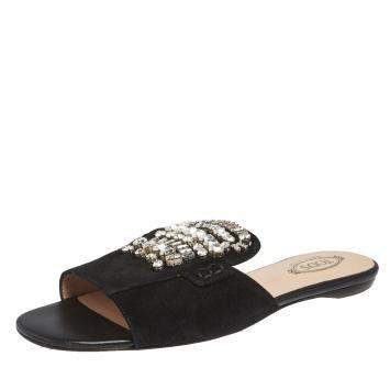 Pre Owned Tod's Limited Edition Black Suede Crystal Embellished Peep Toe Flat Slides Size 39