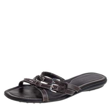 Pre Owned Tod's Dark Brown Leather Buckle Detail Flats Size 38