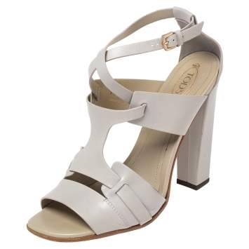 Pre Owned Tod's Grey Leather Ankle Strap Block Heel Sandals Size 39