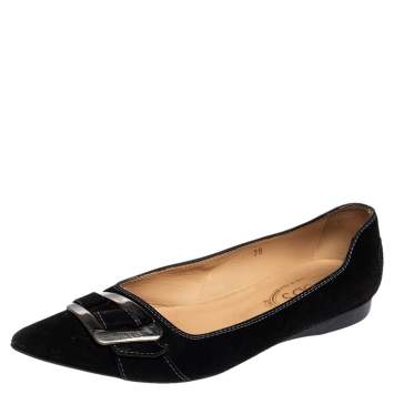 Pre Owned Tod's Black Suede And Leather Bow Embellished Pointed Toe Flats Size 39