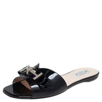 Pre Owned Tod's Black Patent Leather Double T Crystals Embellished Flat Sandals Size 40.5