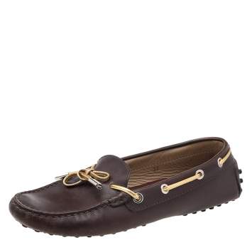 Pre Owned Tod's Brown/Gold Leather Bow Slip On Loafers Size 37