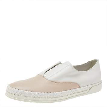 Pre Owned Tod's Peach/White Leather Francesina Slip On Espadrille Sneakers 39.5
