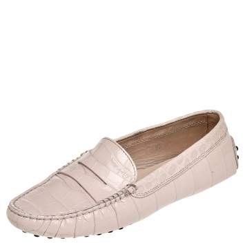 Pre Owned Tod's Pink Croc Embossed Leather Slip On Loafers Size 36