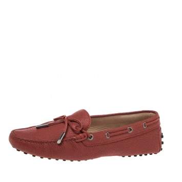 Pre Owned Tod's Red  Leather Bow Slip On Loafers Size 38