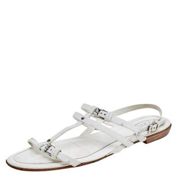 Pre Owned Tod's White Leather Strappy Flat Sandals Size 38.5