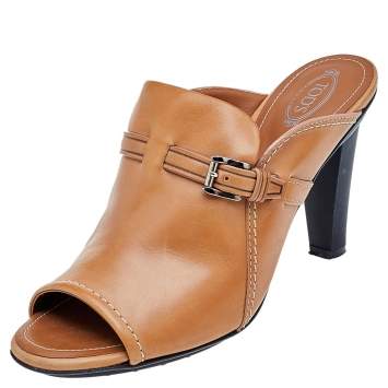 Pre Owned Tod's Brown Leather Open Toe Buckle Detail Mule Sandals Size 41