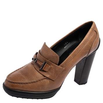 Pre Owned Tod's Brown Leather Loafer Platform Pumps Size 39.5