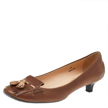 Pre Owned Tod's Brown Leather Square Toe Fringe Loafer Pumps Size 39