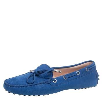 Pre Owned Tod's Blue Suede Bow Driving Loafers Size 36.5